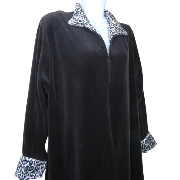 Vintage Neiman Marcus Black Velour Long Robe Leopard Print Collar Cuffs Zip L - Picture 4 of 12